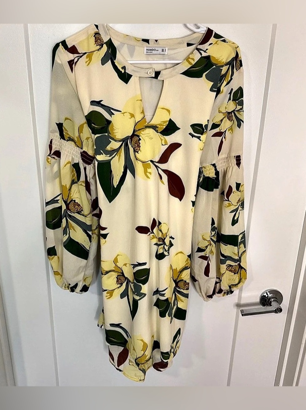 Mango Floral Mini Dress in Cream & Green Size S - Picture 2 of 5